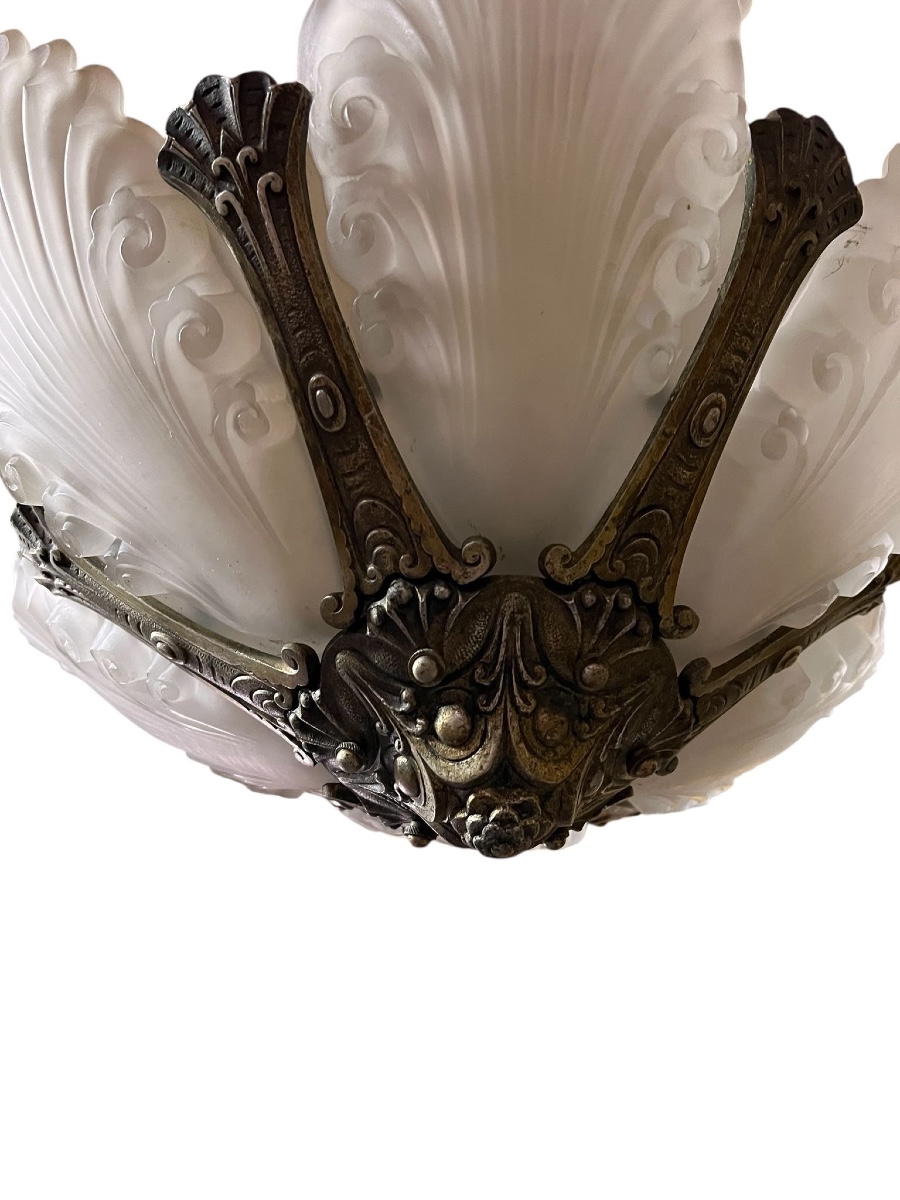 Art Deco Chandelier. Bronze-photo-3