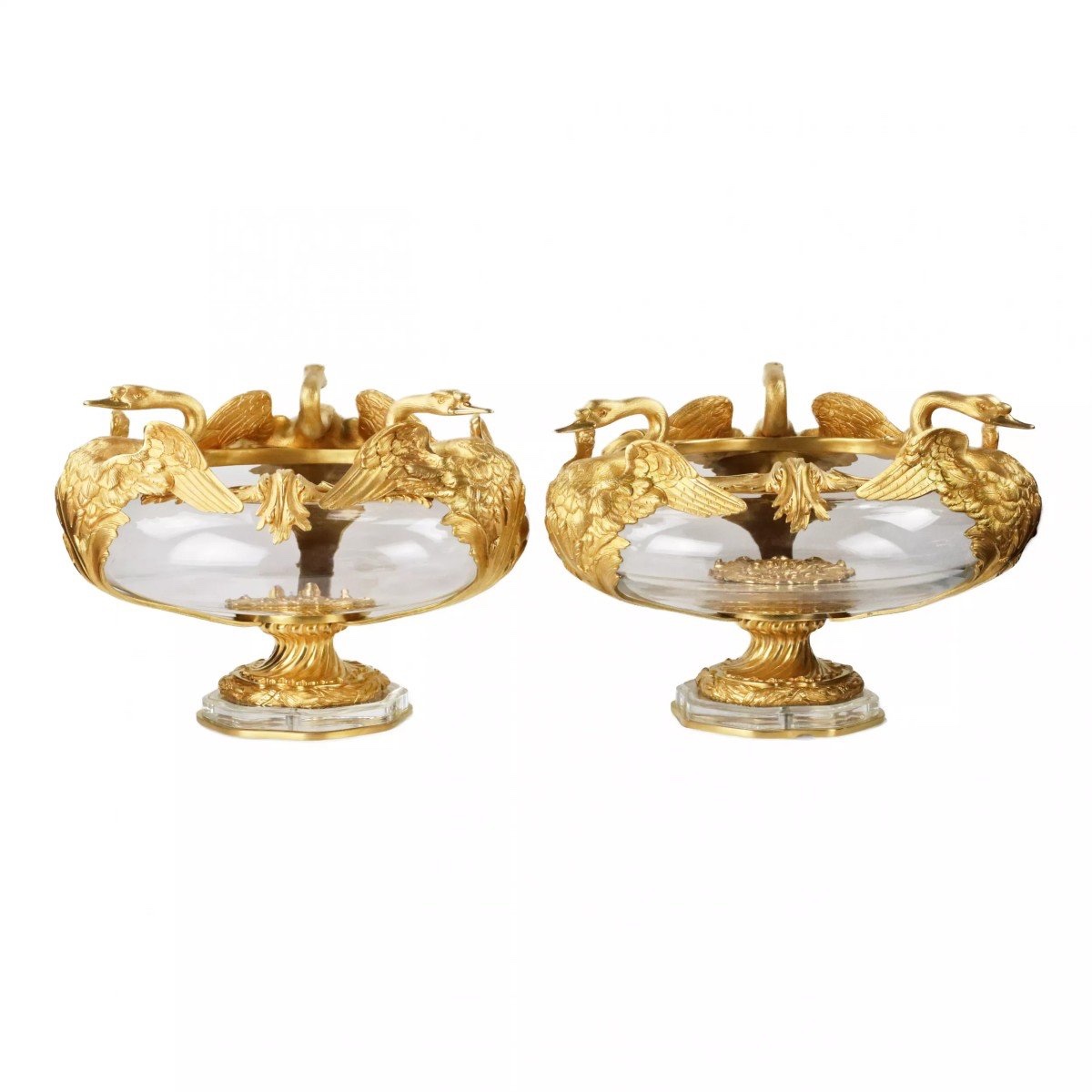 A Pair Of Round Vases In Cast Glass And Gilded Bronze With Swans Motif.-photo-4
