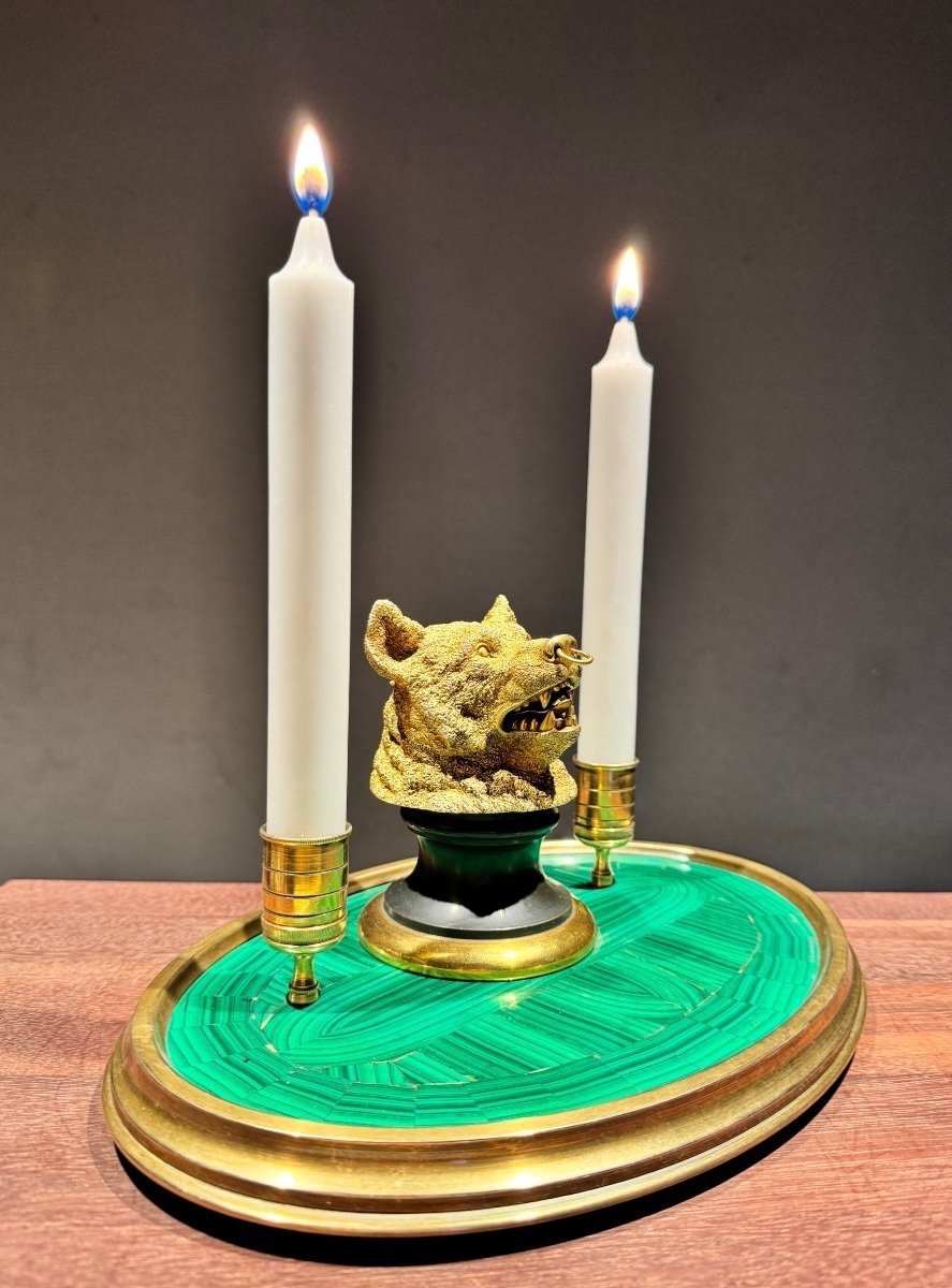 Russian Bronze On Malachite. Inkwell/candlestick