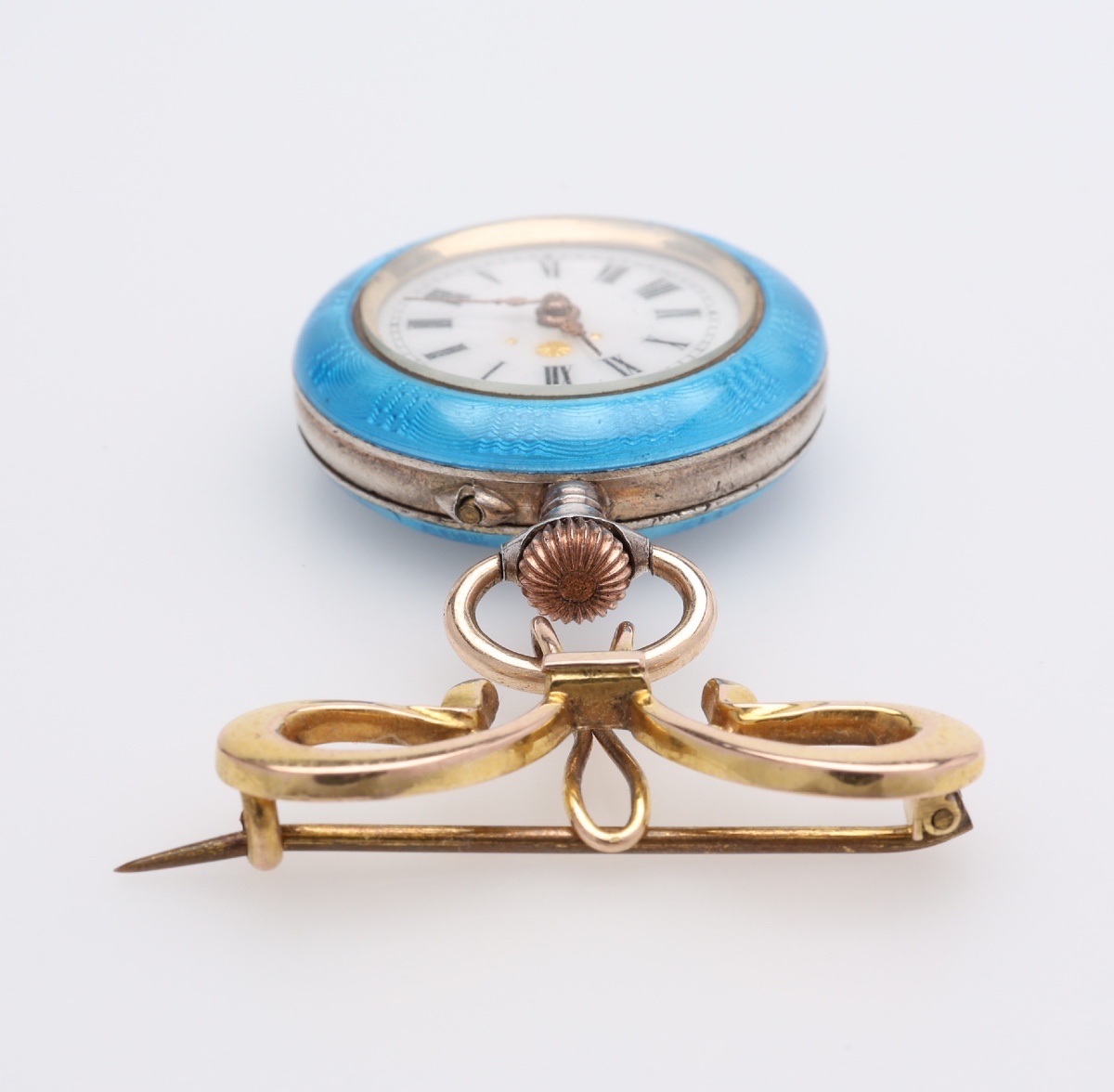 Women's Silver Enamel & Pearl Pocket Watch With Gold Brooch-photo-2