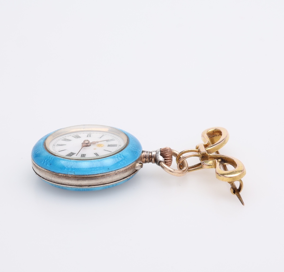 Women's Silver Enamel & Pearl Pocket Watch With Gold Brooch-photo-4