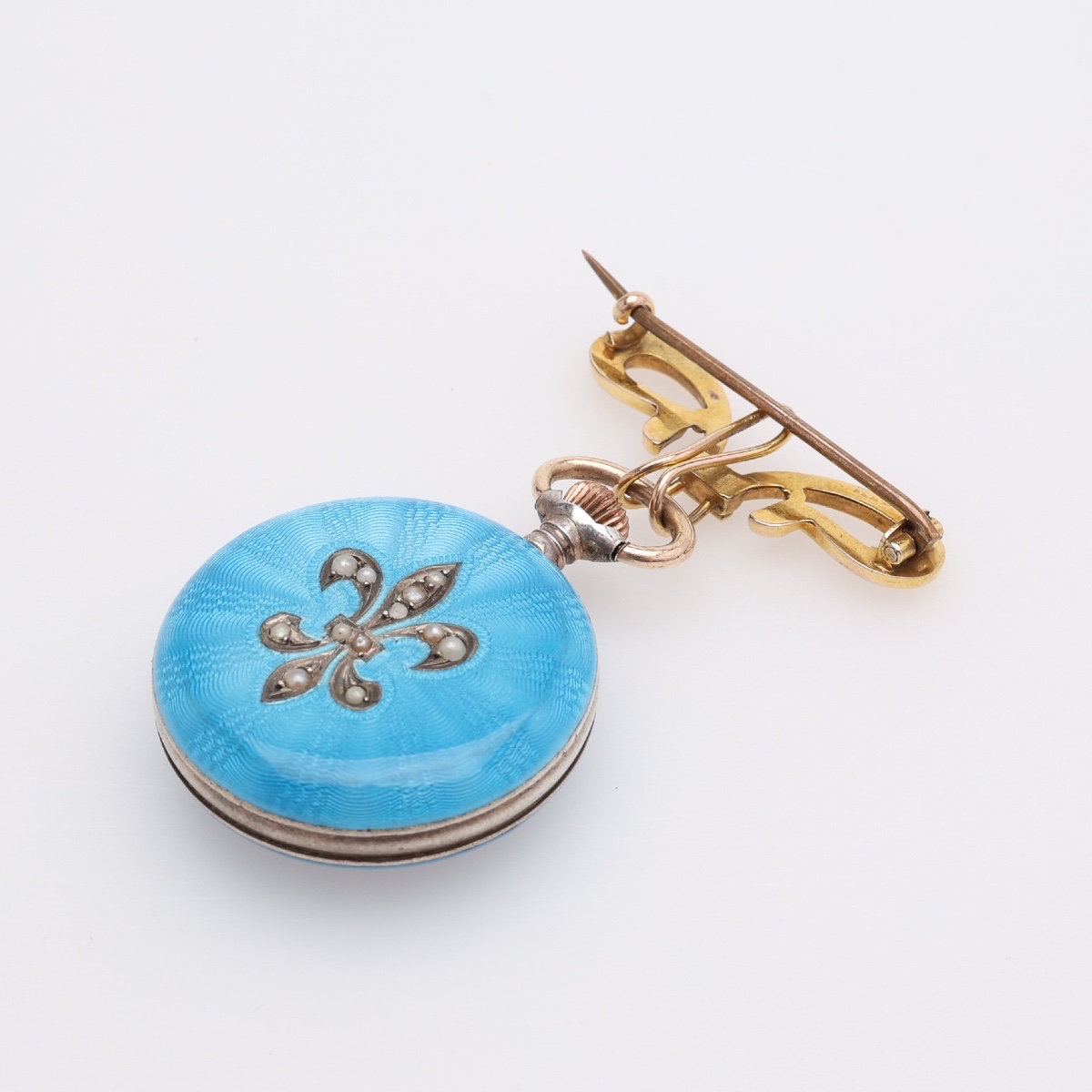 Women's Silver Enamel & Pearl Pocket Watch With Gold Brooch-photo-1