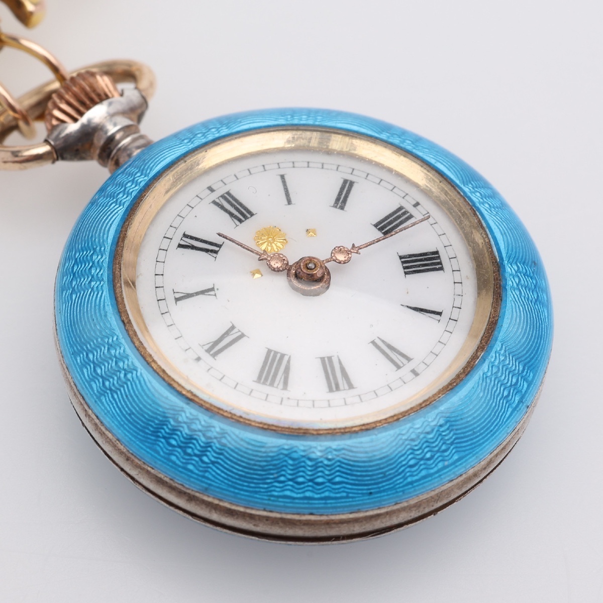 Women's Silver Enamel & Pearl Pocket Watch With Gold Brooch-photo-2
