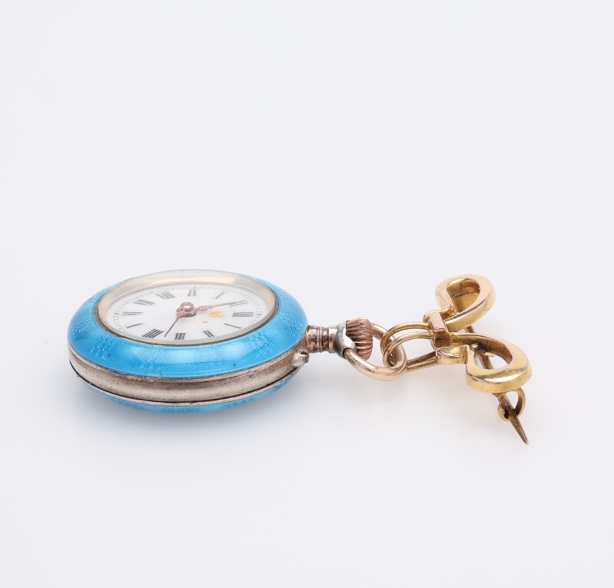Women's Silver Enamel & Pearl Pocket Watch With Gold Brooch-photo-4