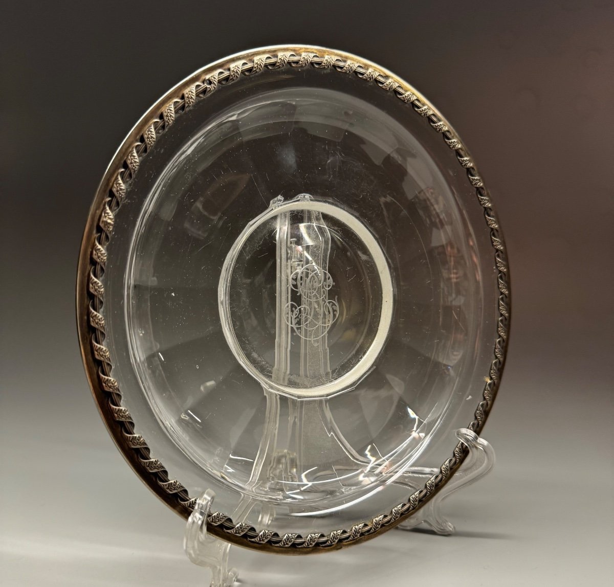 Frosted Glass Dish With Silver Rim.-photo-2