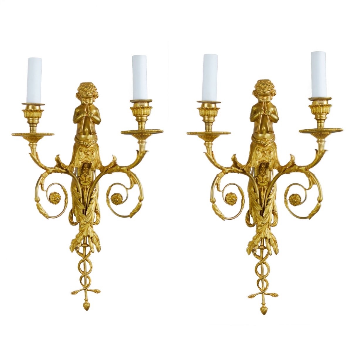 Pair Of French Gilded Bronze Wall Sconces , Louis XVI Style, 19th Century.