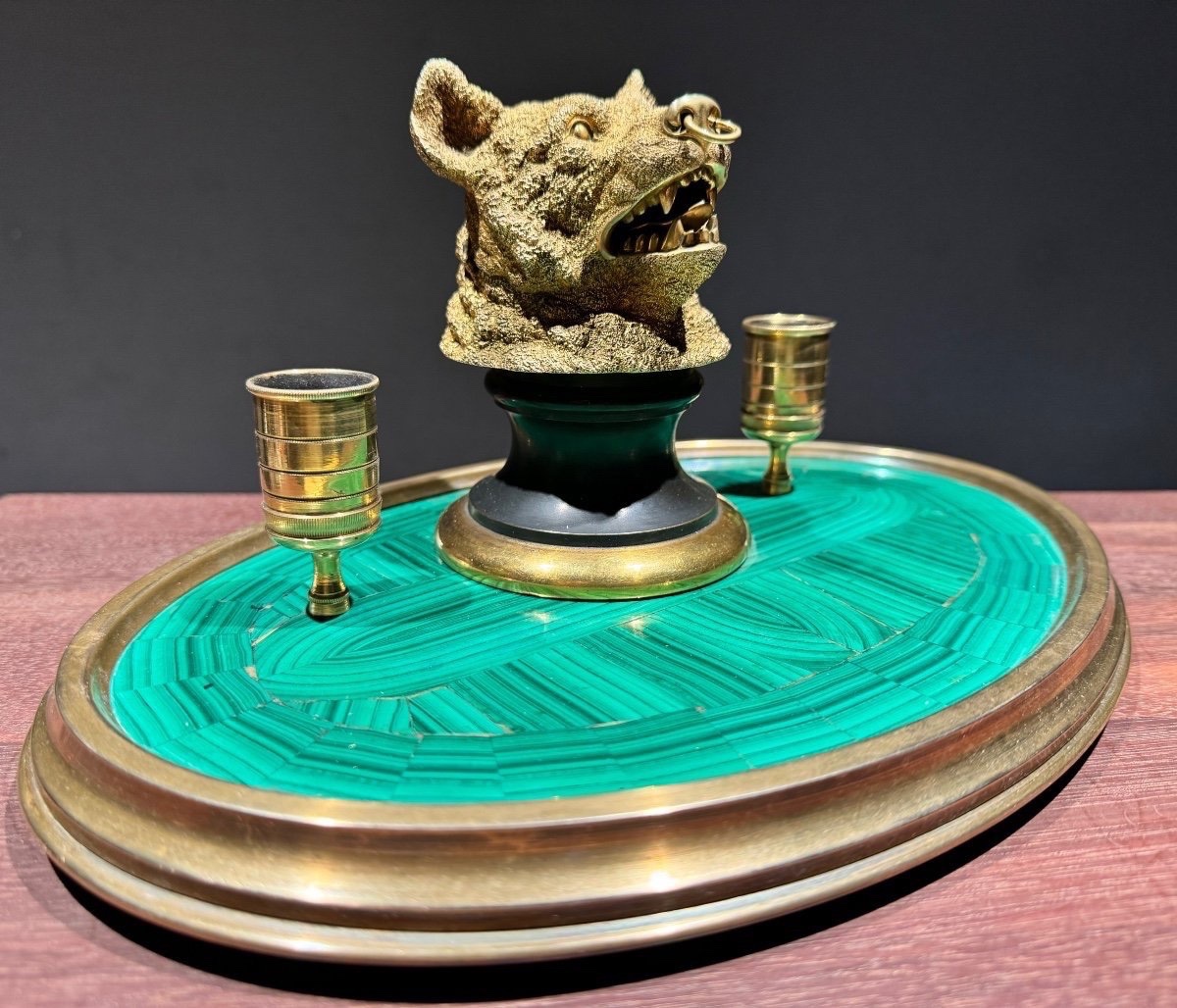 Russian Bronze On Malachite. Inkwell/candlestick