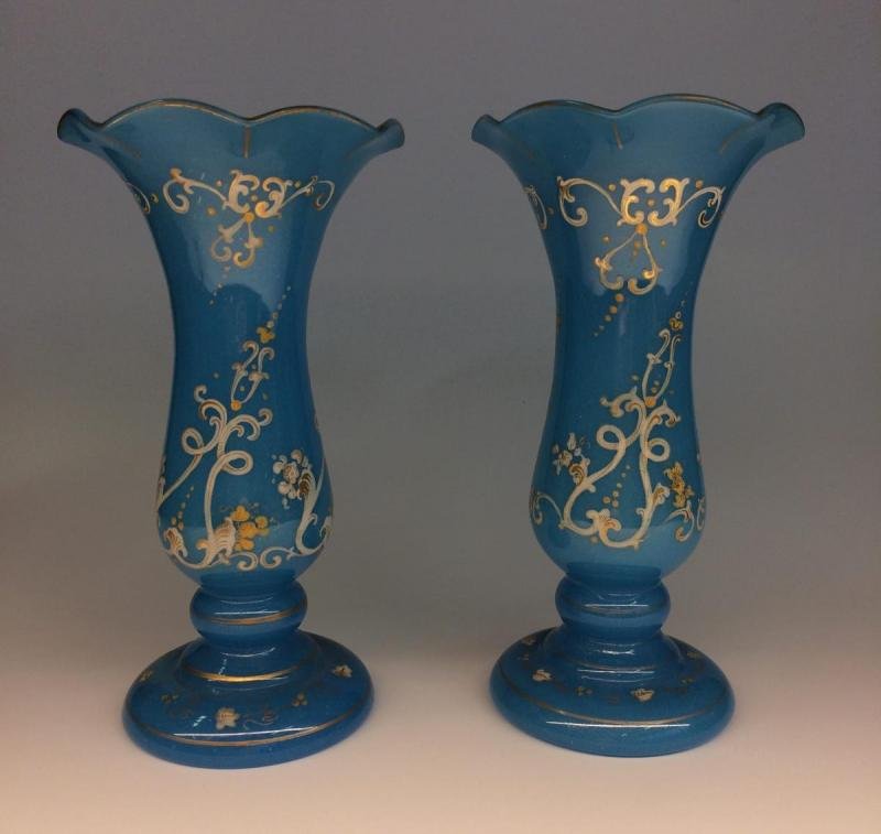 Paire De Vases En Verre Opale Bleu-photo-3