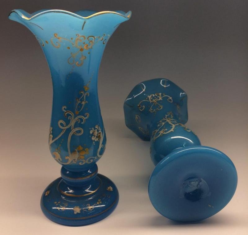 Paire De Vases En Verre Opale Bleu-photo-4
