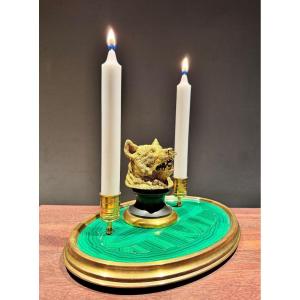 Russian Bronze On Malachite. Inkwell/candlestick