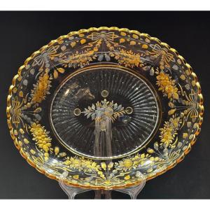 GRAND PLAT EN VERRE DORÉ. L-33CM