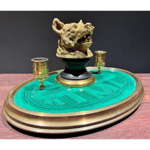 Russian Bronze On Malachite. Inkwell/candlestick