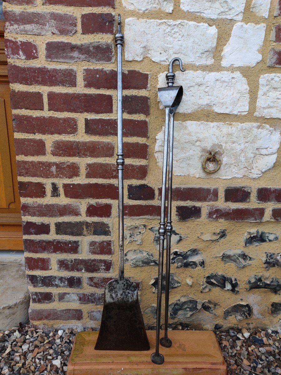 Grande Pelle Et Pince De Cheminée Fer Forge 18eme Siècle-photo-5