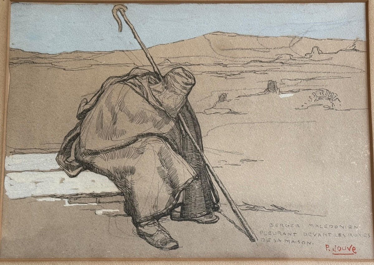 Paul Jouve - Drawing On Paper - Macedonian Shepherd Weeping In Front Of The Ruins Of His House-photo-2
