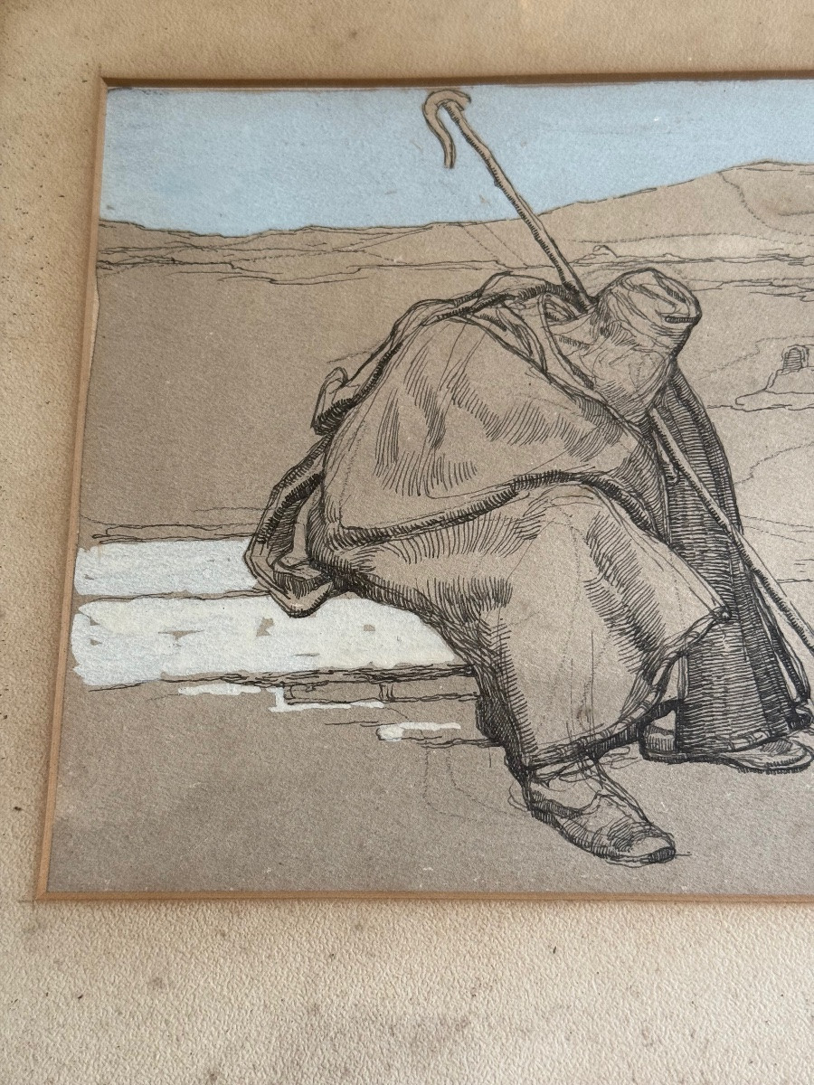 Paul Jouve - Drawing On Paper - Macedonian Shepherd Weeping In Front Of The Ruins Of His House-photo-4