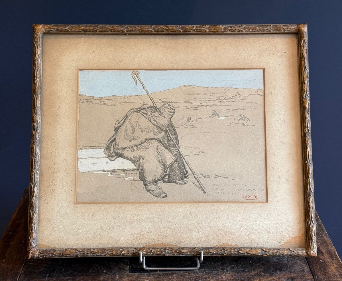 Paul Jouve - Drawing On Paper - Macedonian Shepherd Weeping In Front Of The Ruins Of His House