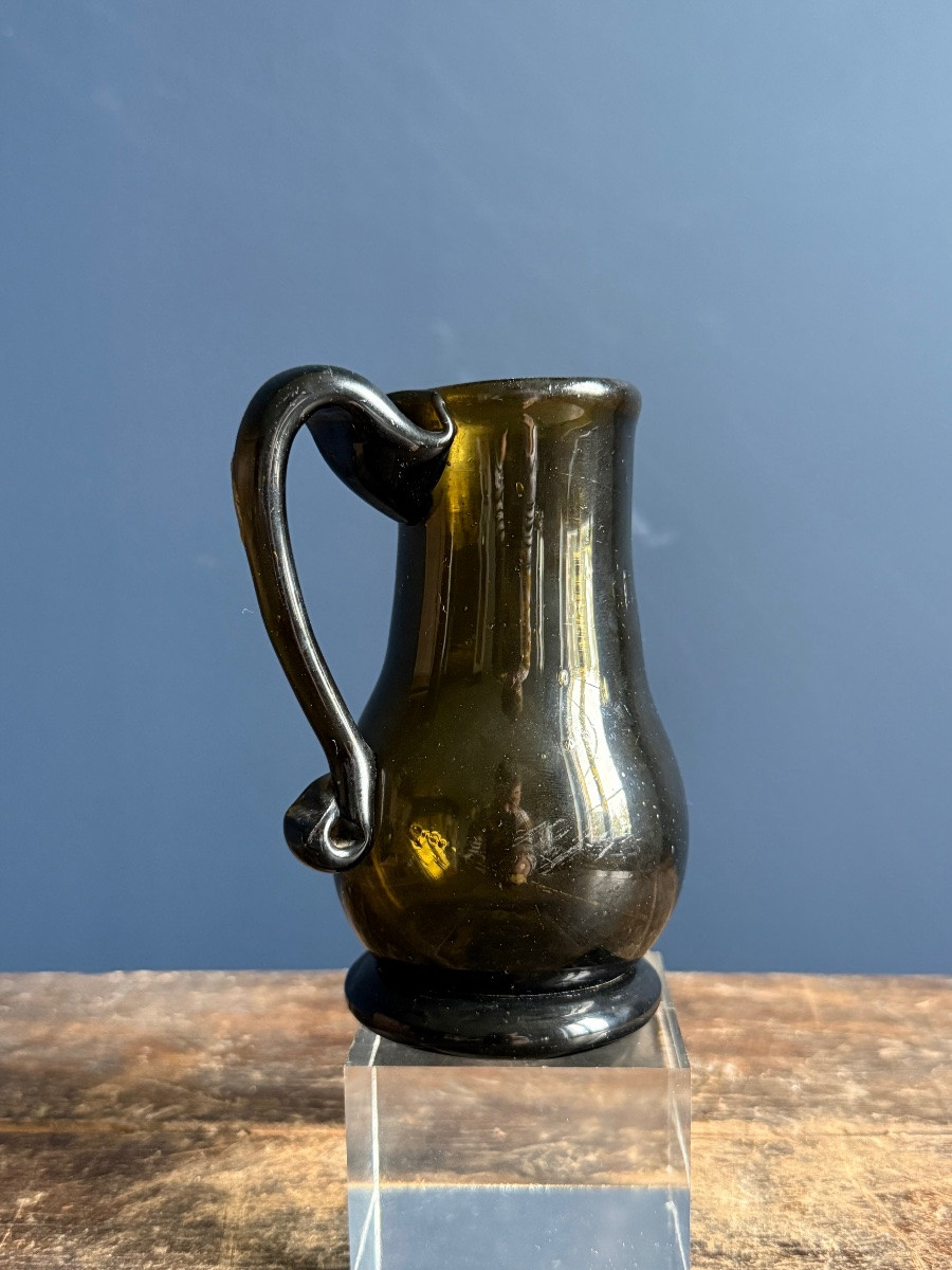 Rare Small 18th Century Green Glass Pitcher, Normandy-photo-2