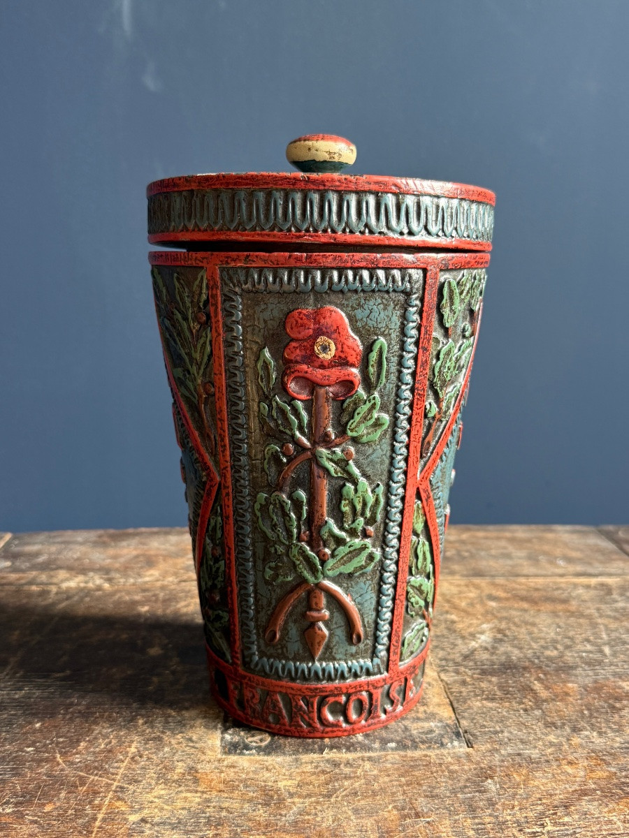 Museum - Revolutionary Tobacco Jar Circa 1790-1800 In Polychrome Wood -photo-3