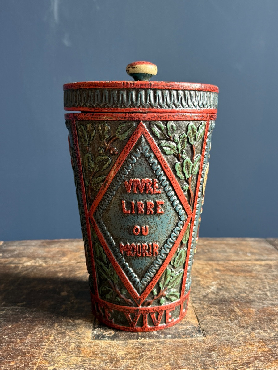Museum - Revolutionary Tobacco Jar Circa 1790-1800 In Polychrome Wood -photo-4