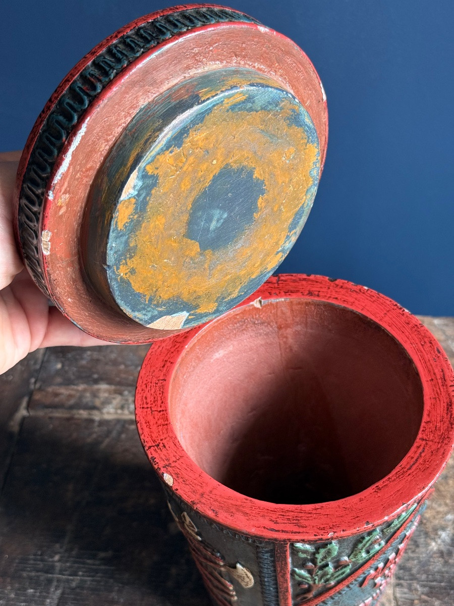 Museum - Revolutionary Tobacco Jar Circa 1790-1800 In Polychrome Wood -photo-3