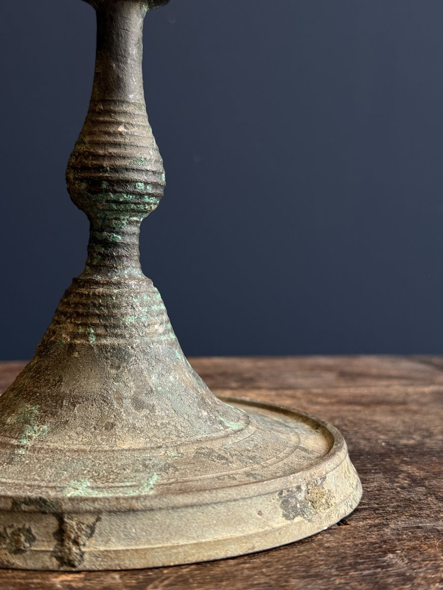Brass Candlestick Circa 1500, Flanders, Magnificent Patina-photo-4