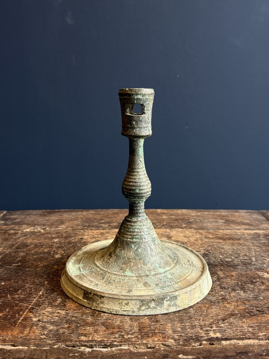 Brass Candlestick Circa 1500, Flanders, Magnificent Patina-photo-1