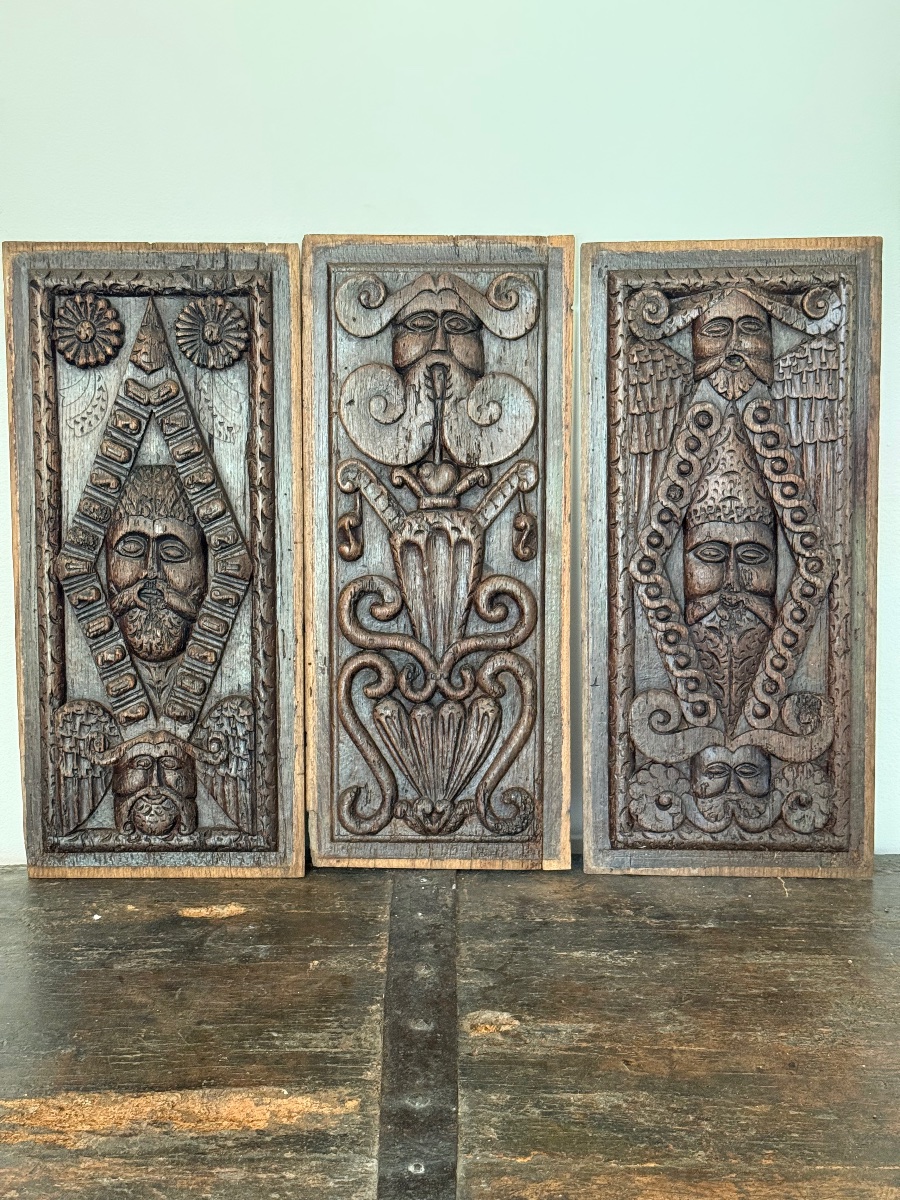 Set Of Three Oak Panels, England, Circa 1600-photo-2