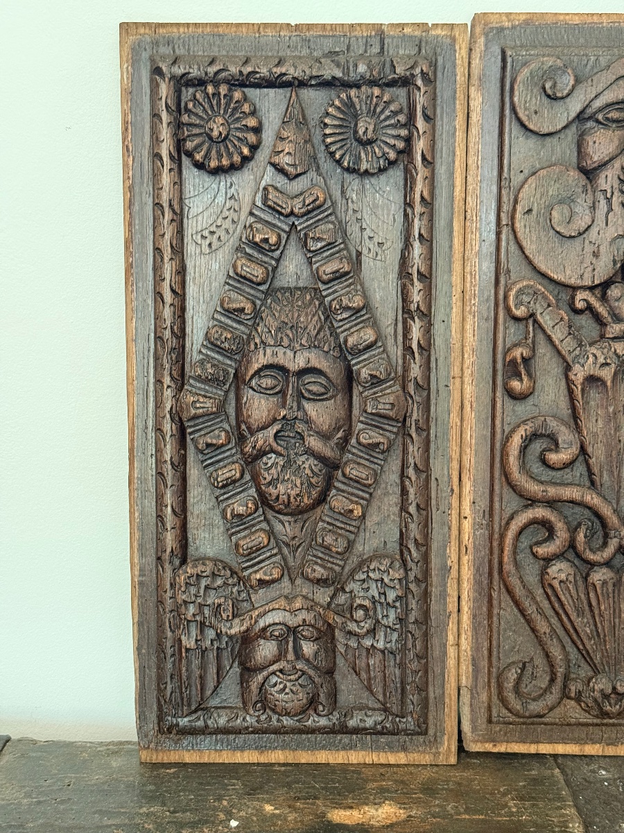 Set Of Three Oak Panels, England, Circa 1600-photo-3