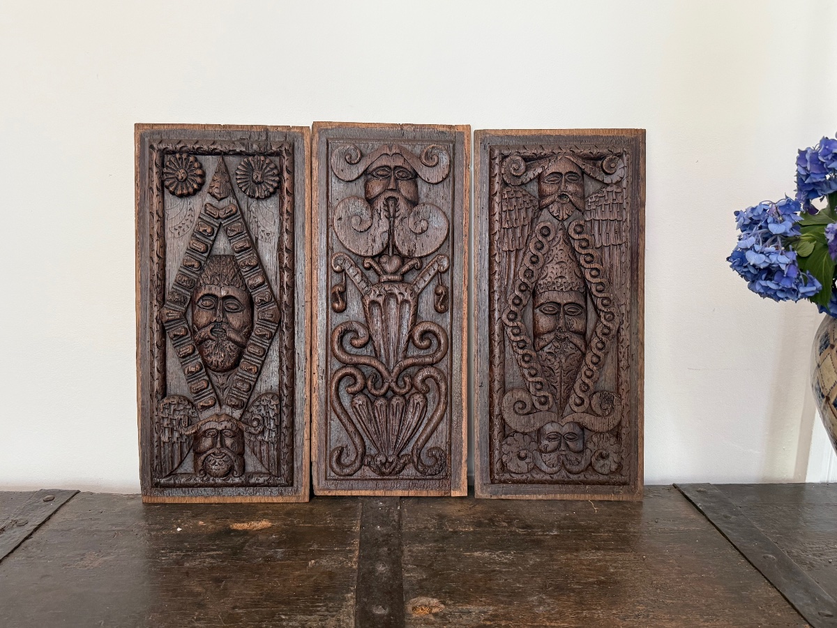 Set Of Three Oak Panels, England, Circa 1600-photo-4