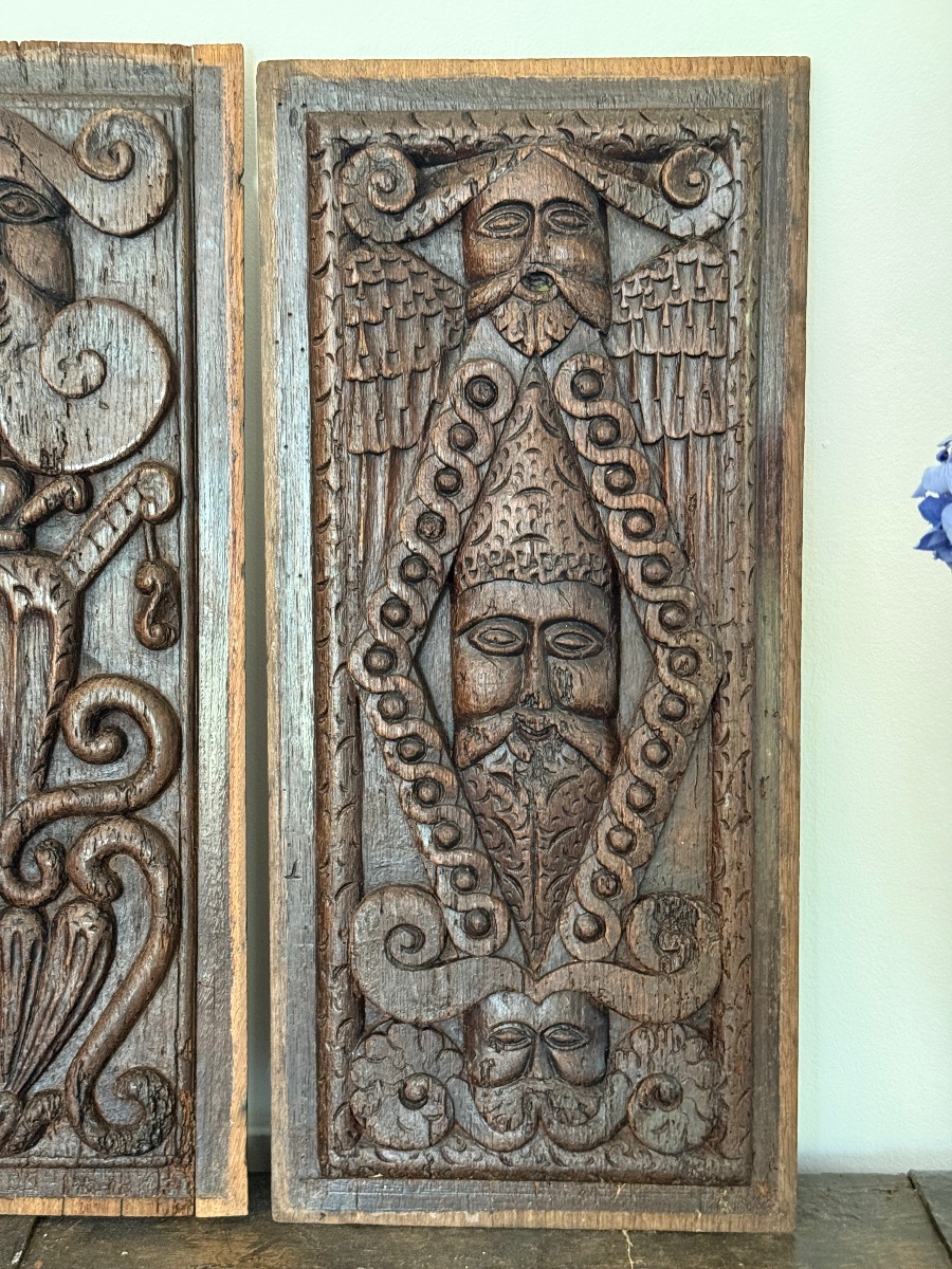 Set Of Three Oak Panels, England, Circa 1600-photo-2
