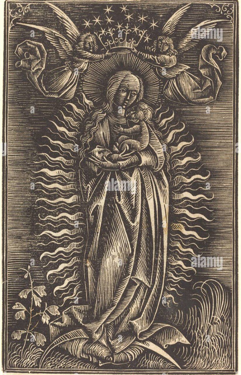 Grand Panneau Polychrome En Chêne, Couronnement De La Vierge Vers 1500-photo-2