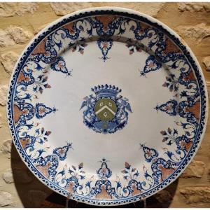 Rouen - Exceptional Earthenware Dish With Arms Of Victor Du Wicquet (boulonnais)