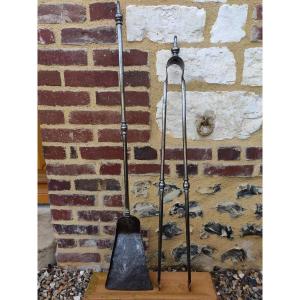 Large Wrought Iron Fireplace Shovel And Tongs 18th Century