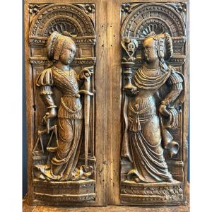 Pair Of Carved Oak Panels, Normandy, C. 1520