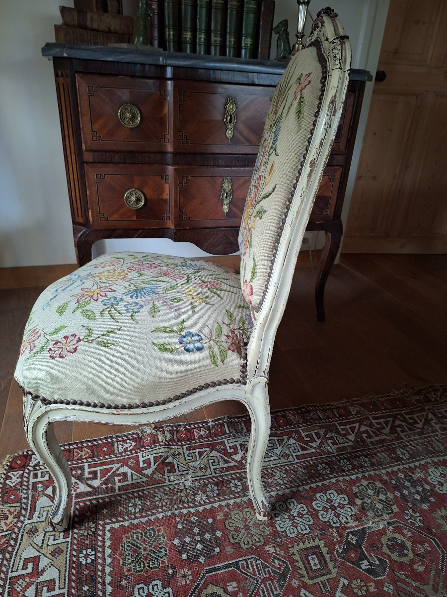 Chaise louis xv dossier plat rechampi blanc cassse garniture au point début 19 ieme siecle-photo-2