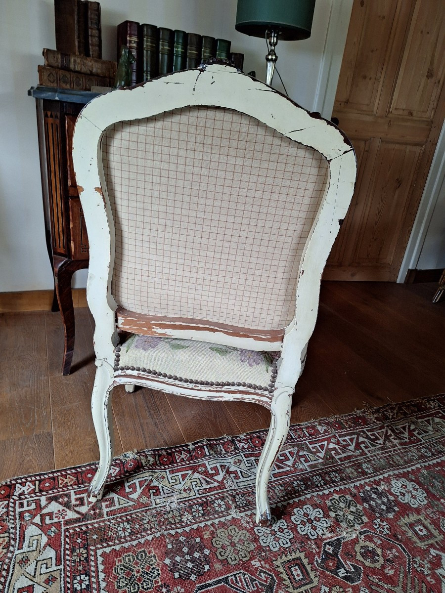 Chaise louis xv dossier plat rechampi blanc cassse garniture au point début 19 ieme siecle-photo-1
