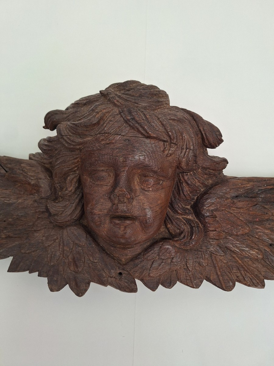 Large Angelot's Head Wing XVIII Th Century Natural Wood-photo-1