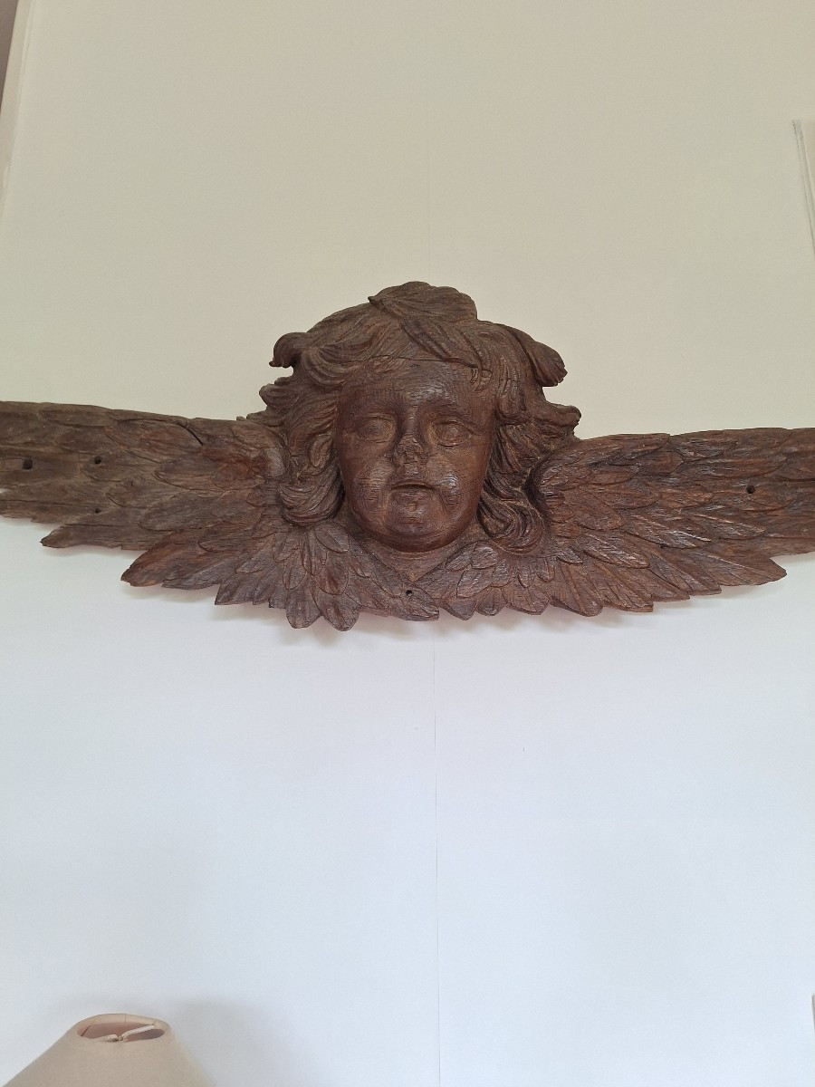 Large Angelot's Head Wing XVIII Th Century Natural Wood