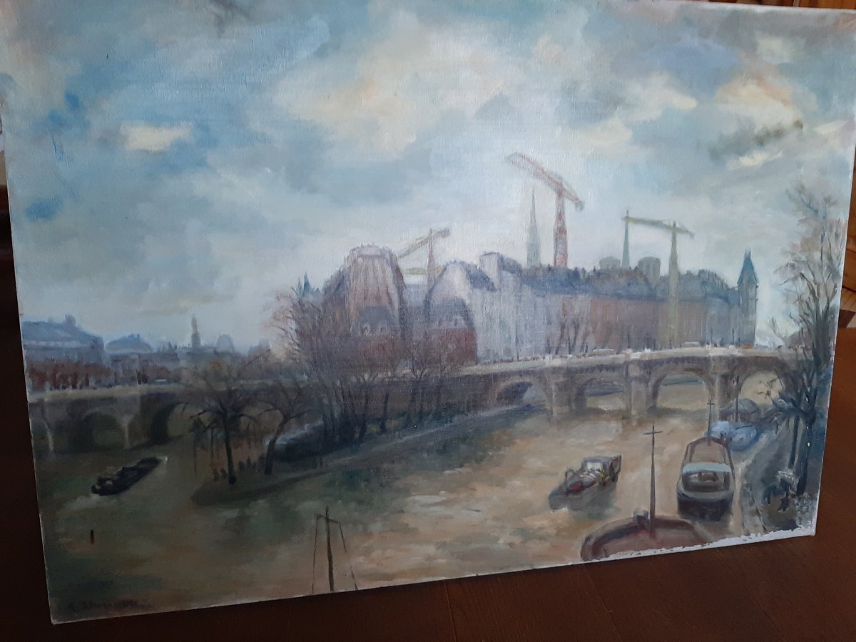 Peinture 20 Ime Siècle  Les Grues Ile De La Cité Paris