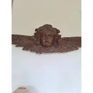 Large Angelot's Head Wing XVIII Th Century Natural Wood