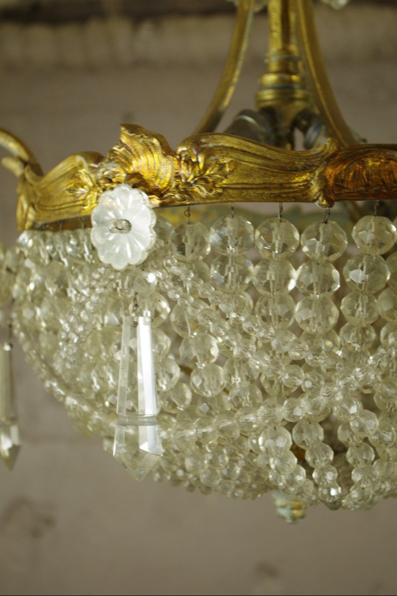 Proantic: Lustre Corbeille De Style Louis XV Bronze Cristal Et Verre S