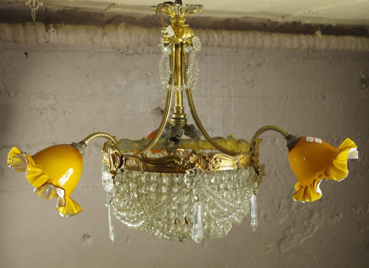 Proantic: Lustre Corbeille De Style Louis XV Bronze Cristal Et Verre S