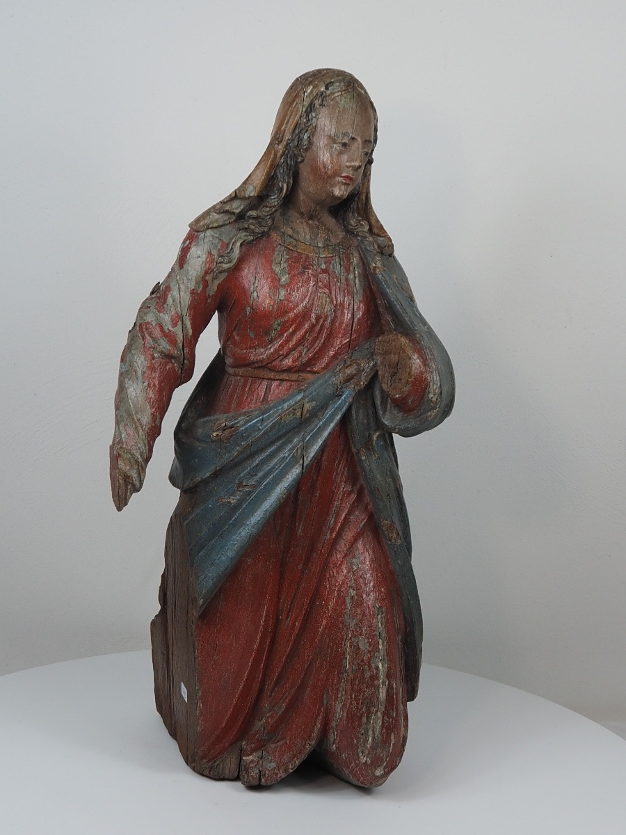 Polychrome Oak Figure Of The Virgin Mary, Kneeling, 17th Century-photo-2