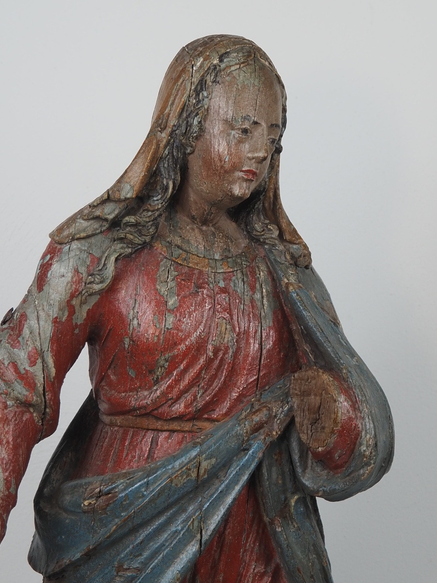 Polychrome Oak Figure Of The Virgin Mary, Kneeling, 17th Century-photo-3