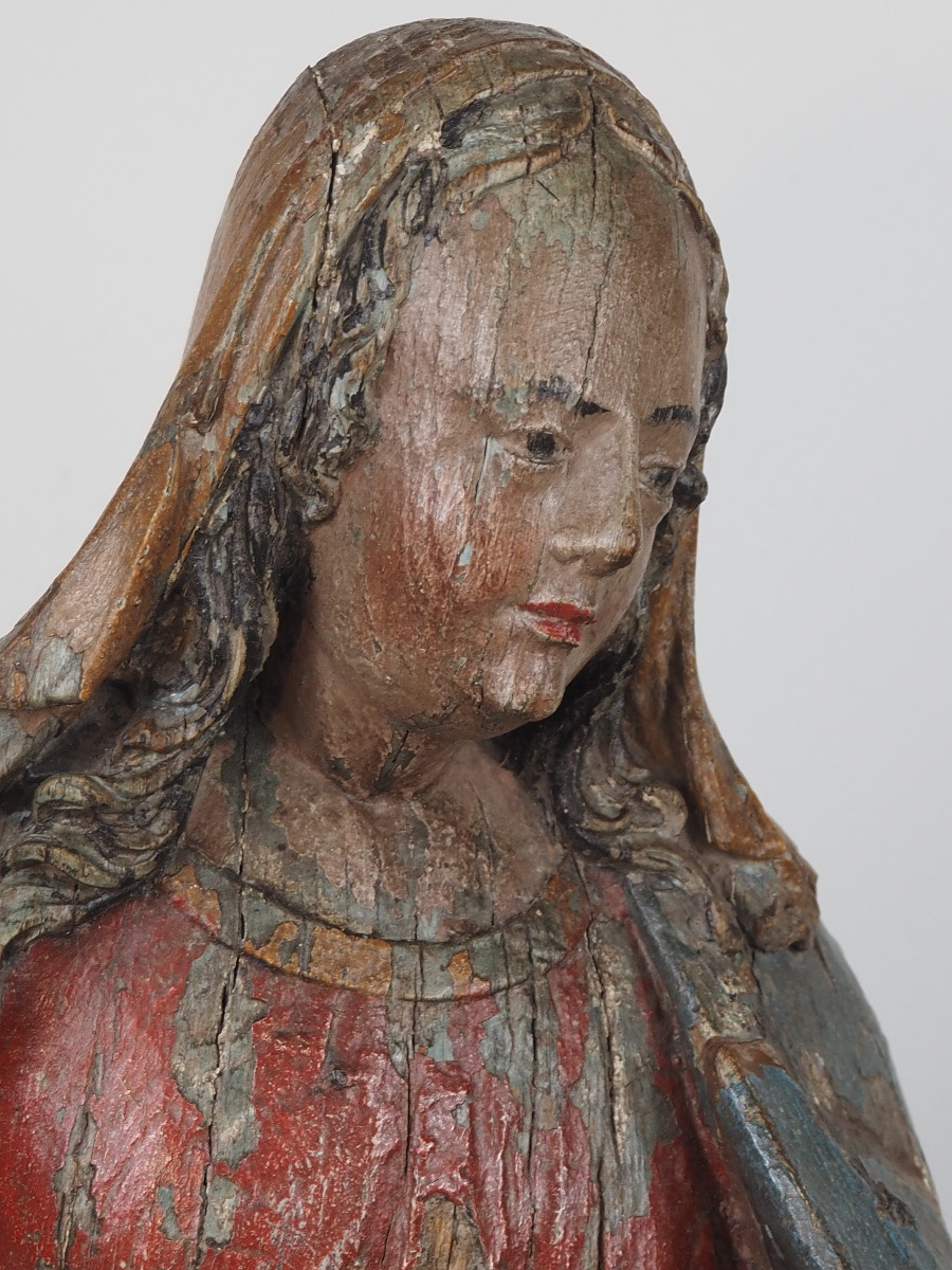 Polychrome Oak Figure Of The Virgin Mary, Kneeling, 17th Century-photo-4