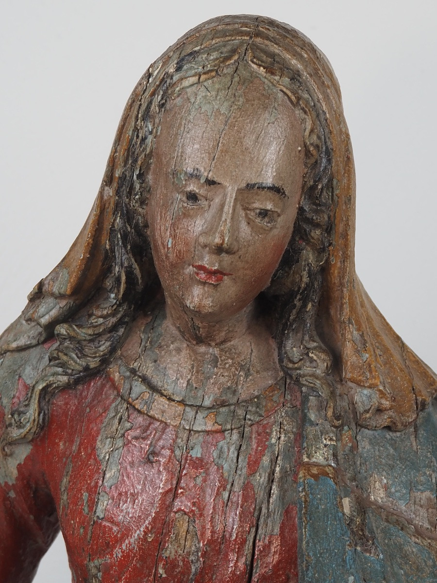 Polychrome Oak Figure Of The Virgin Mary, Kneeling, 17th Century-photo-1