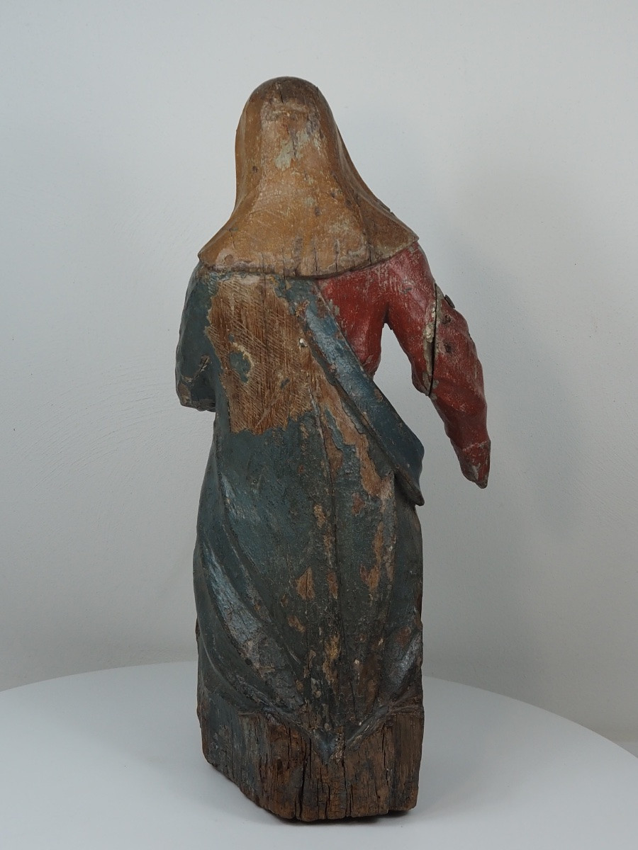 Polychrome Oak Figure Of The Virgin Mary, Kneeling, 17th Century-photo-3