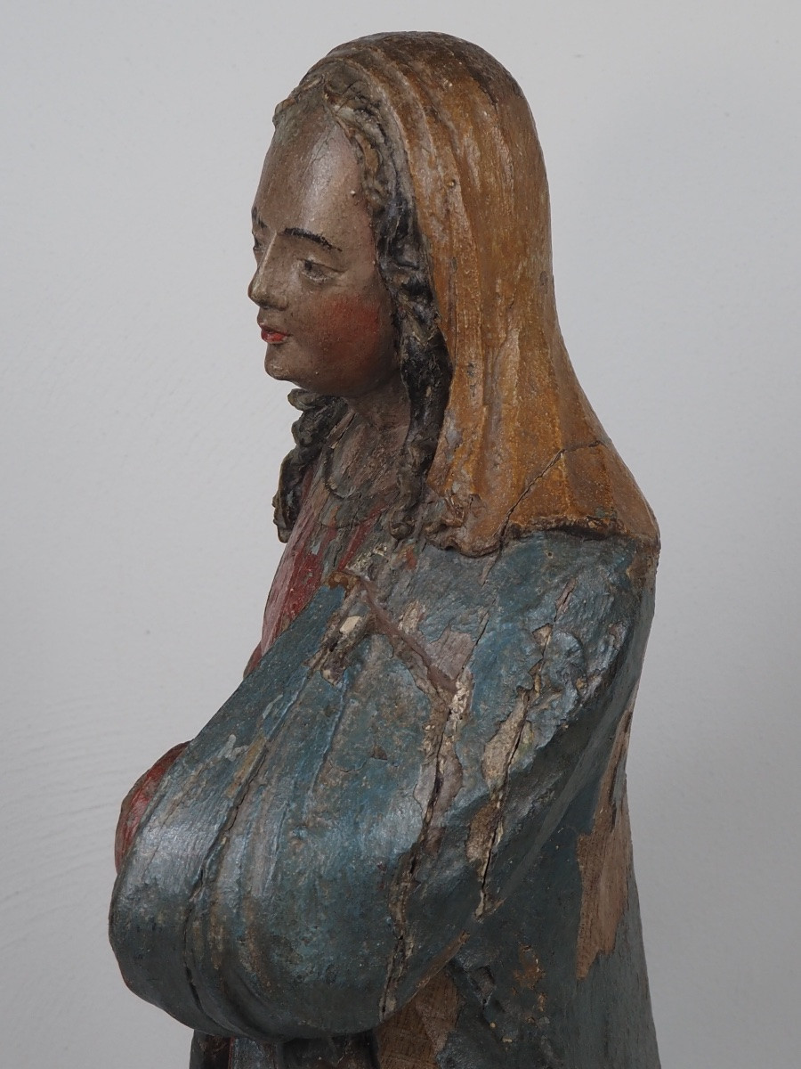 Polychrome Oak Figure Of The Virgin Mary, Kneeling, 17th Century-photo-5