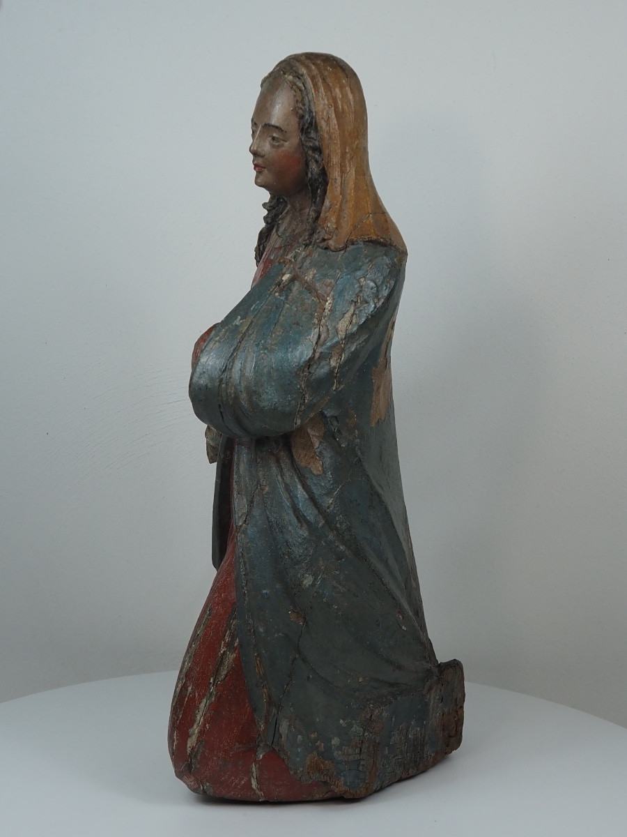 Polychrome Oak Figure Of The Virgin Mary, Kneeling, 17th Century-photo-6