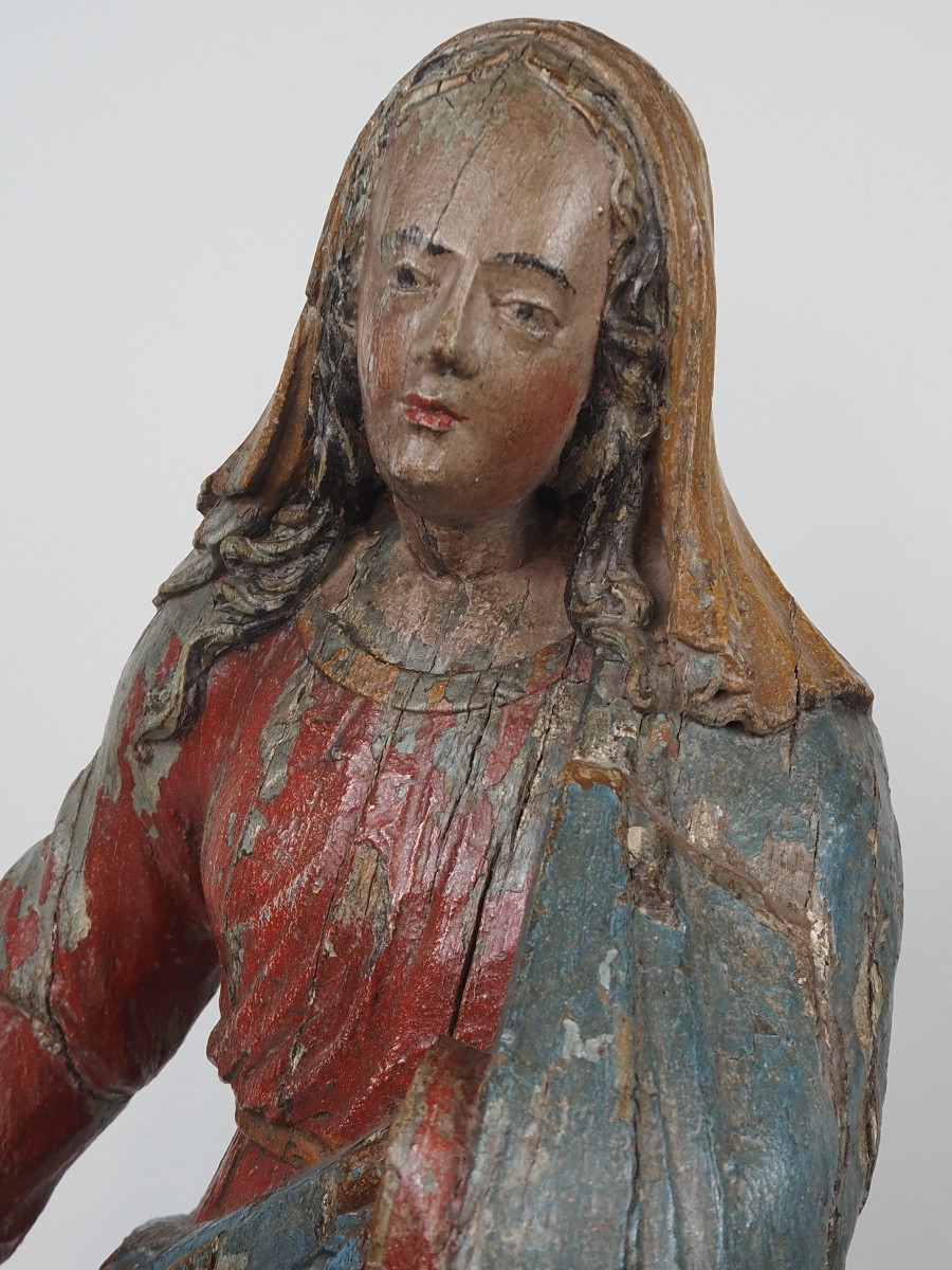 Polychrome Oak Figure Of The Virgin Mary, Kneeling, 17th Century-photo-7